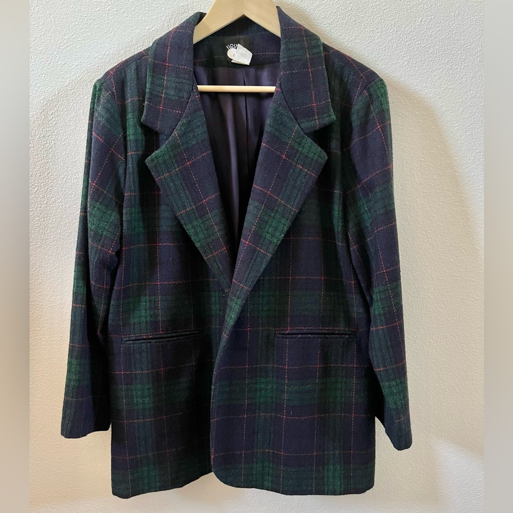 Vintage Navy & Green Wool Blend Holiday Blazer Petite Large